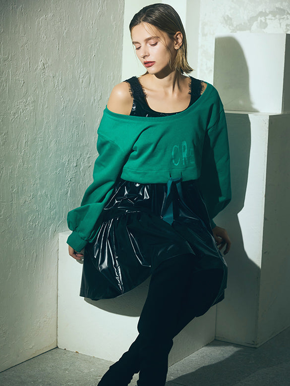 Balloon Sleeves Off-shoulder Ribbon Short Sweatshirt
