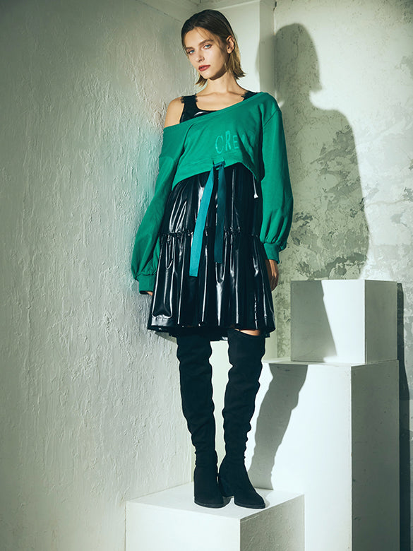 Balloon Sleeves Off-shoulder Ribbon Short Sweatshirt