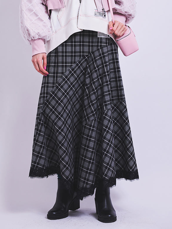 Lace Piping Plaid Design Skirt