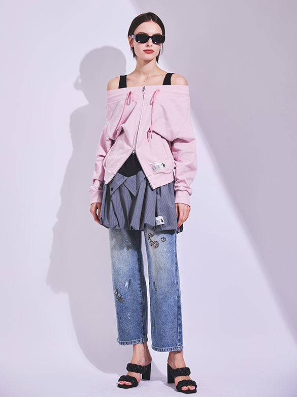 Off-shoulder Sweat Zipper Top