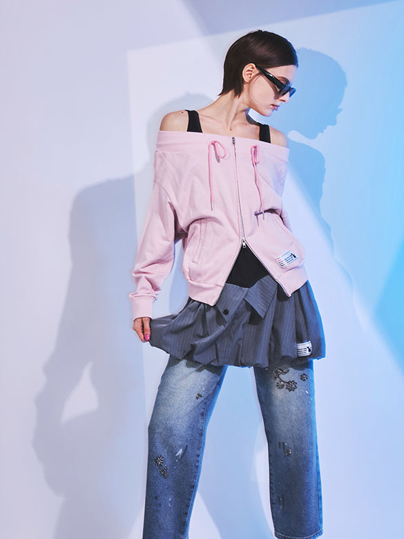 Off-shoulder Sweat Zipper Top