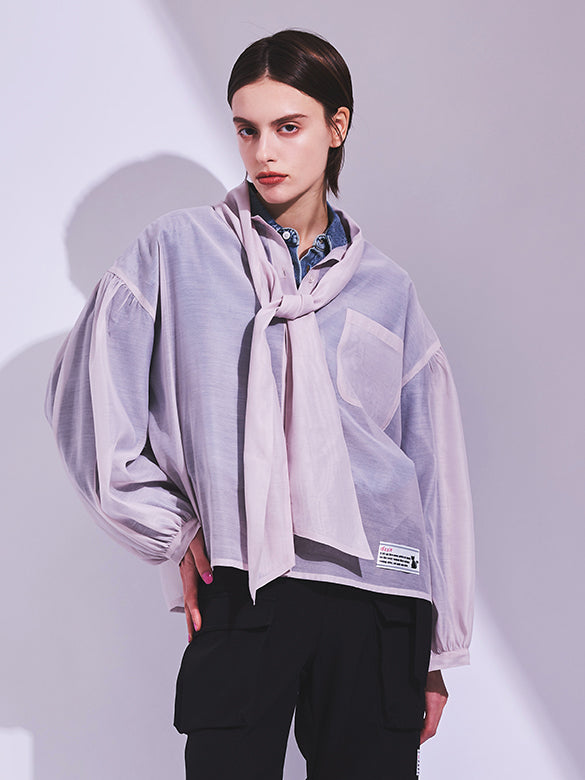 Puff-sleeves Bow-tie Sheer Blouse