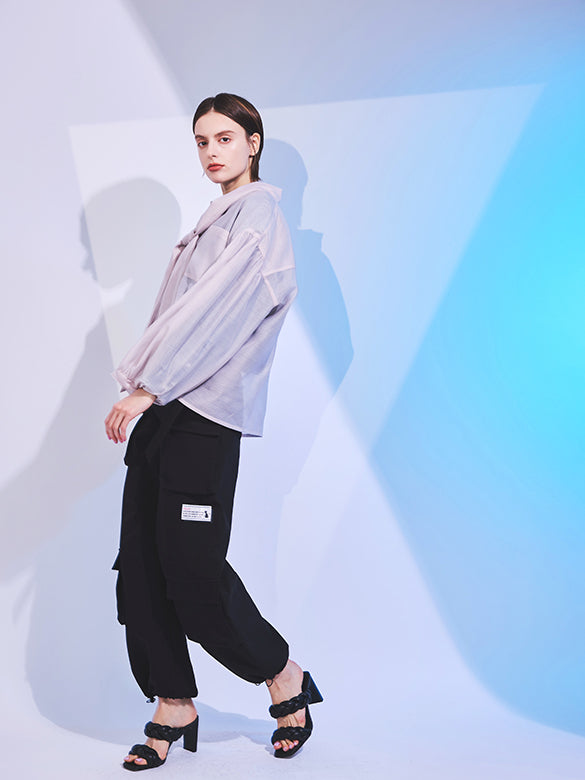 Puff-sleeves Bow-tie Sheer Blouse