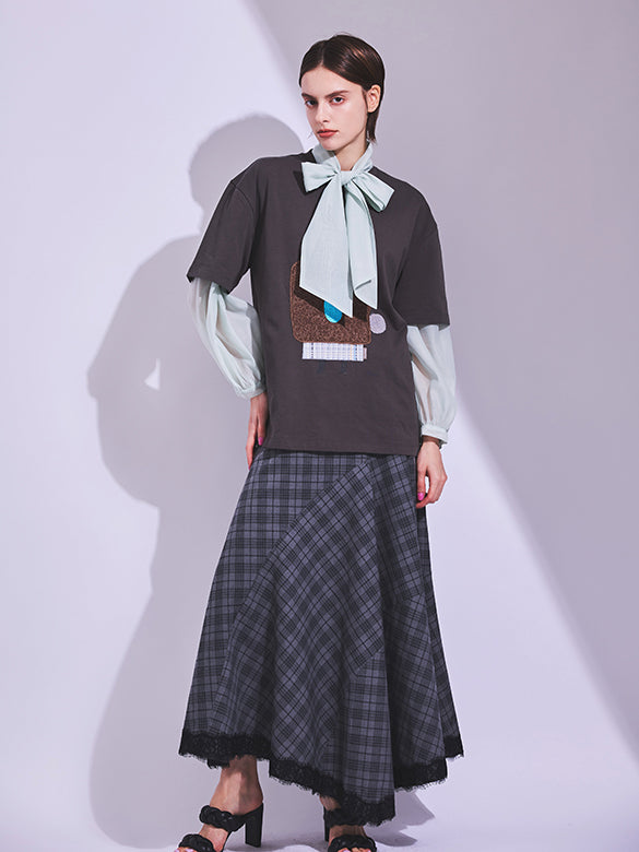 Lace Piping Plaid Design Skirt