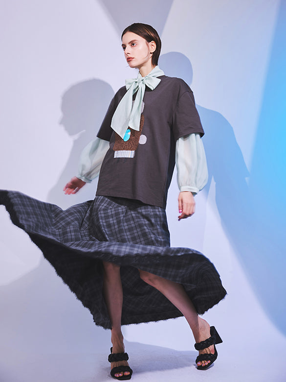 Puff-sleeves Bow-tie Sheer Blouse