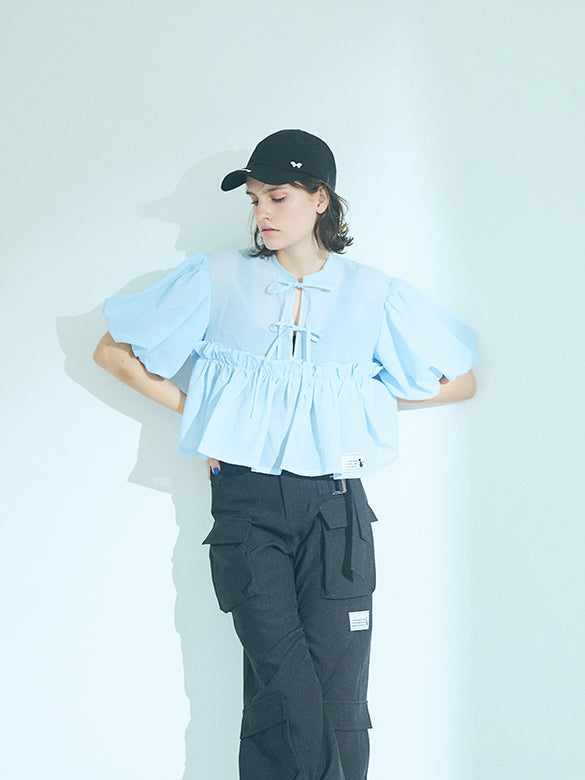Puff-sleeves Ribbon Sheer Blouse