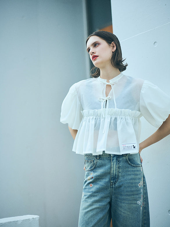 Puff-sleeves Ribbon Sheer Blouse