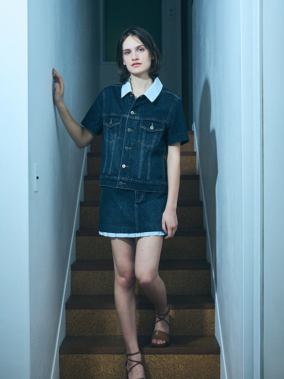Stripe Frill Rigid Denim Skirt