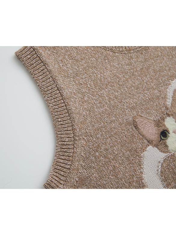 Cat Embroidery Sleeveless Knit
