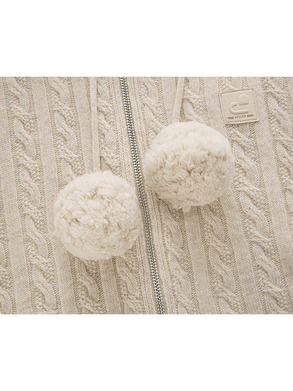 Pompon Design Knitting Zipper Hoodie