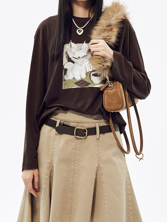 Cat Printed & Beads Long Sleeves T-shirt