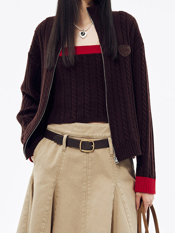 Bi-color Hem Zipper Knit Cardigan