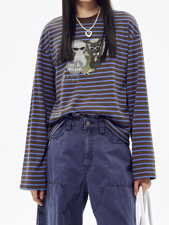 Cat Printed Stripe Long Sleeves T-shirt