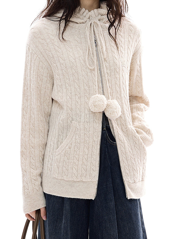 Pompon Design Knitting Zipper Hoodie