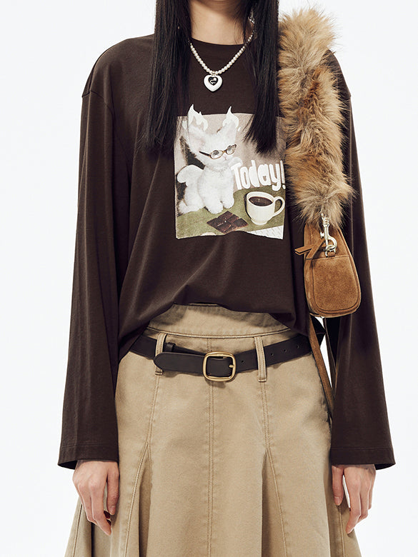 Cat Printed & Beads Long Sleeves T-shirt