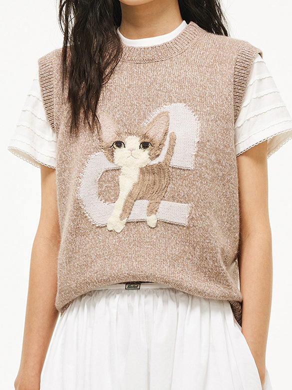 Cat Embroidery Sleeveless Knit