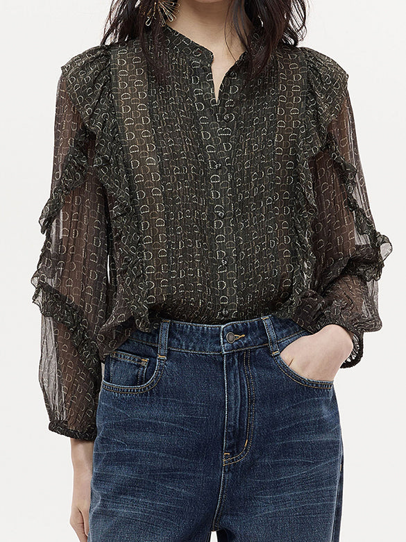 Monogram Pattern Frill Blouse