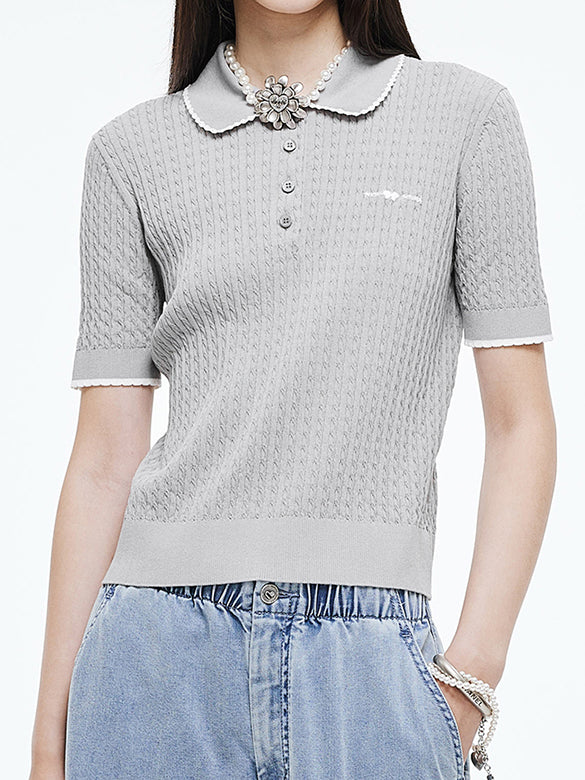 Frill Piping Polo Knit Top