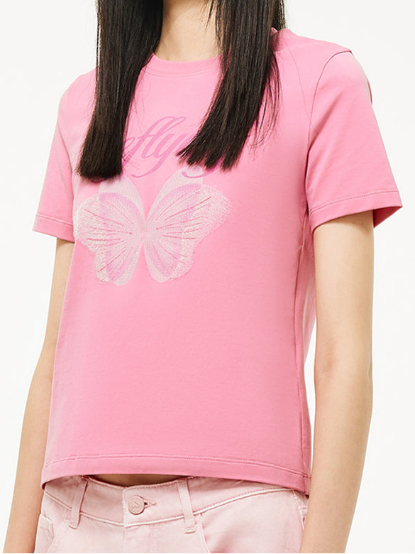 Butterfly Printed & Beads Compact T-shirt