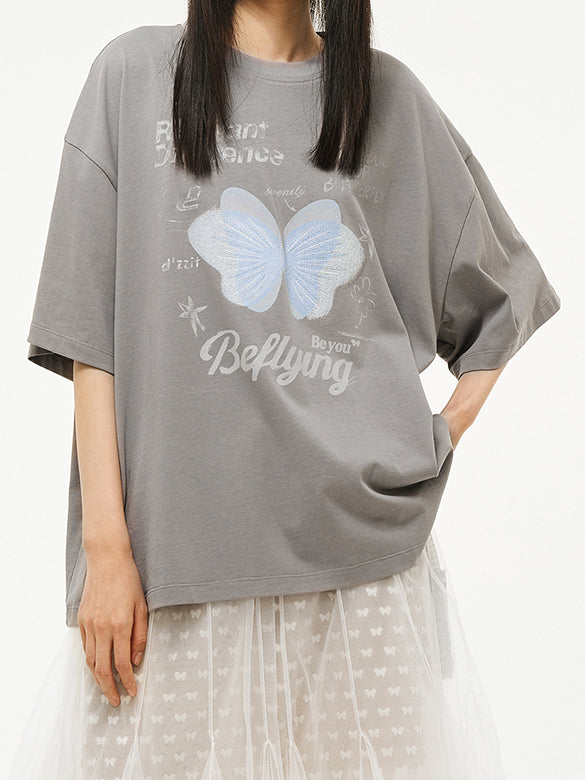 Butterfly Printed & Beads T-shirt