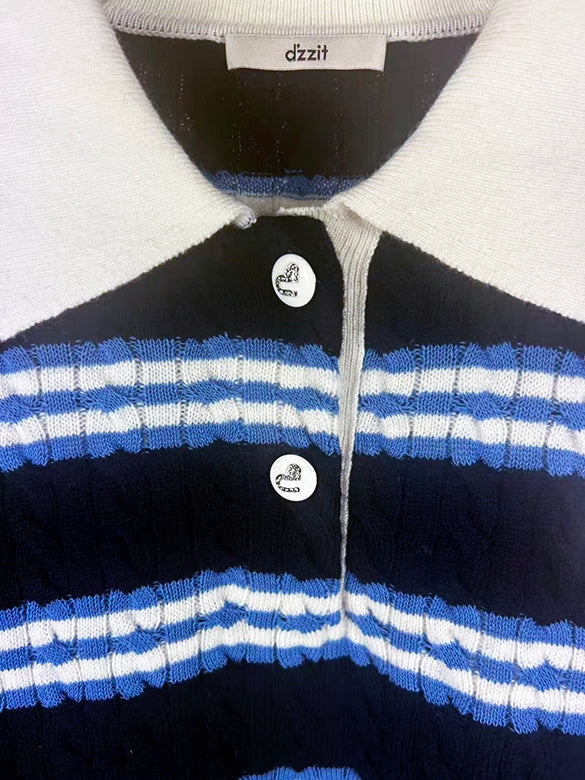 Retro Color Stripe Polo-Knit Top