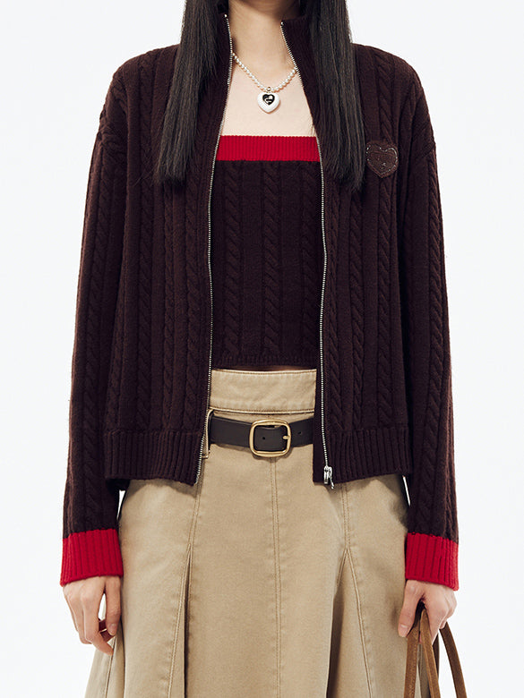 Bi-color Hem Zipper Knit Cardigan