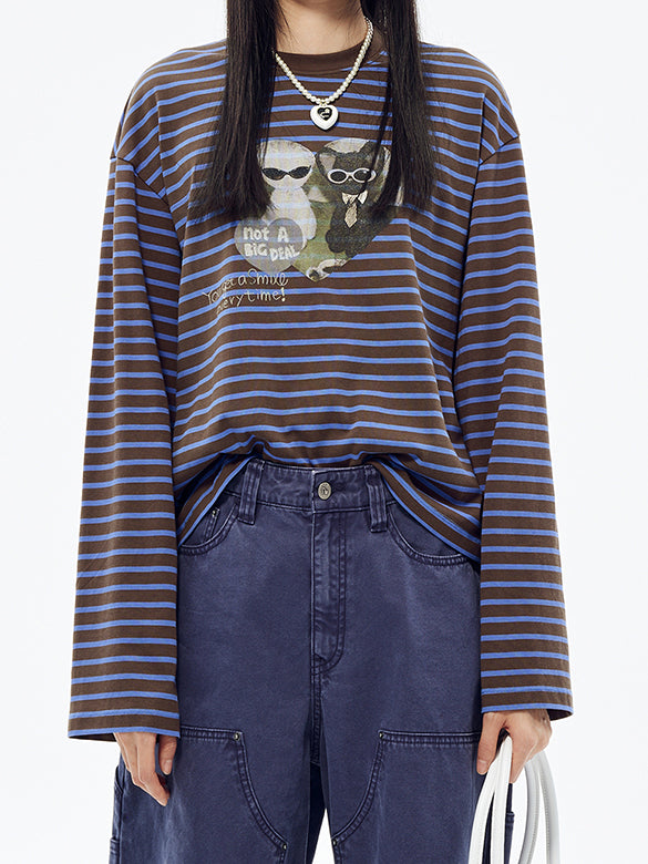 Cat Printed Stripe Long Sleeves T-shirt