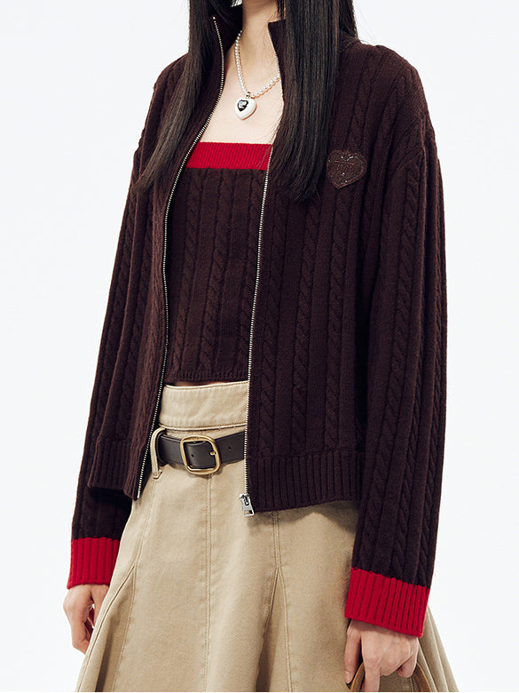 Bi-color Hem Zipper Knit Cardigan