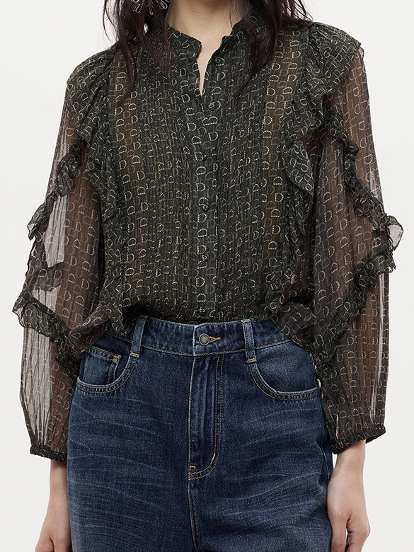 Monogram Pattern Frill Blouse