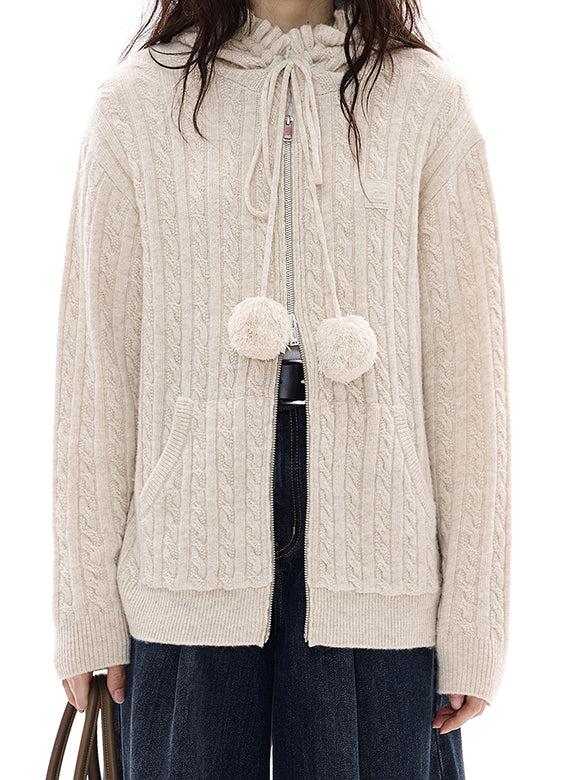 Pompon Design Knitting Zipper Hoodie