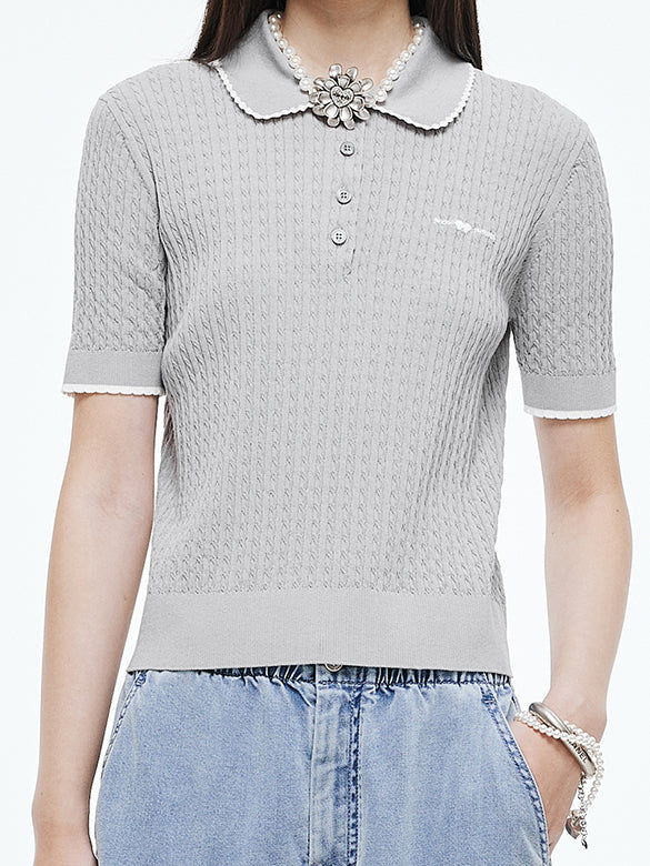 Frill Piping Polo Knit Top
