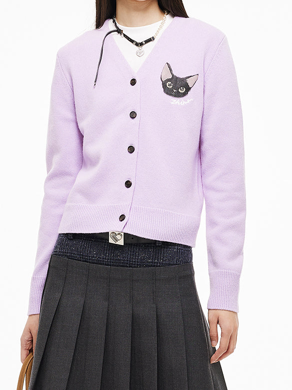 Cat Embroidery Knit Cardigan