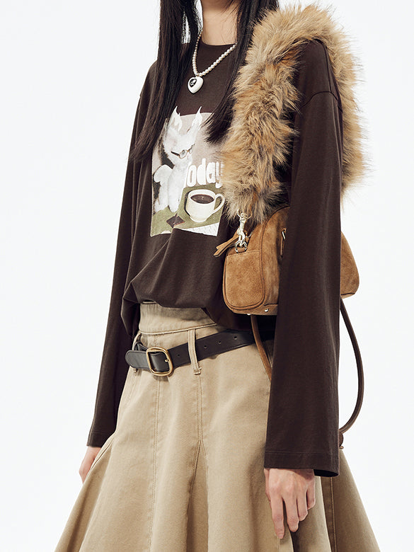 Cat Printed & Beads Long Sleeves T-shirt