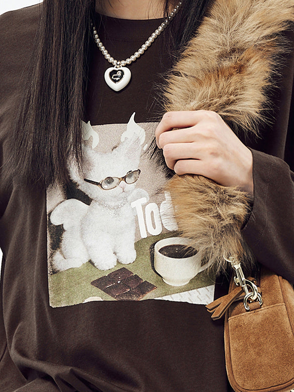 Cat Printed & Beads Long Sleeves T-shirt
