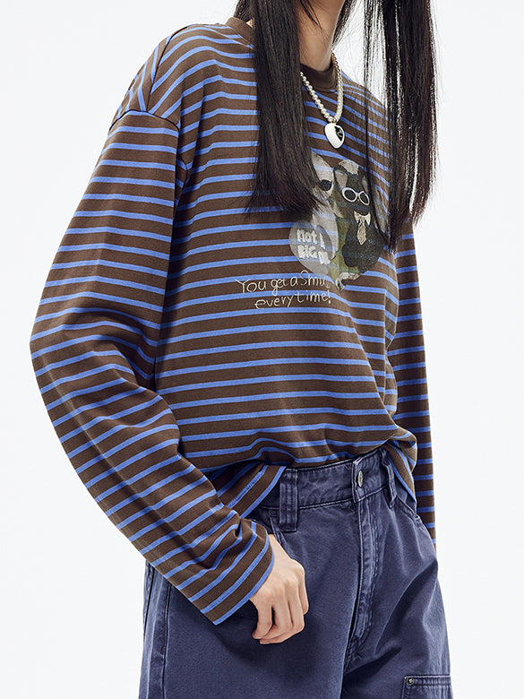 Cat Printed Stripe Long Sleeves T-shirt
