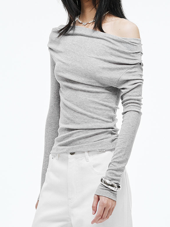 One-shoulder Gather Long Sleeves Top
