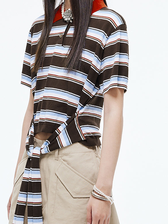 Retro Color Stripe Design Polo Knit