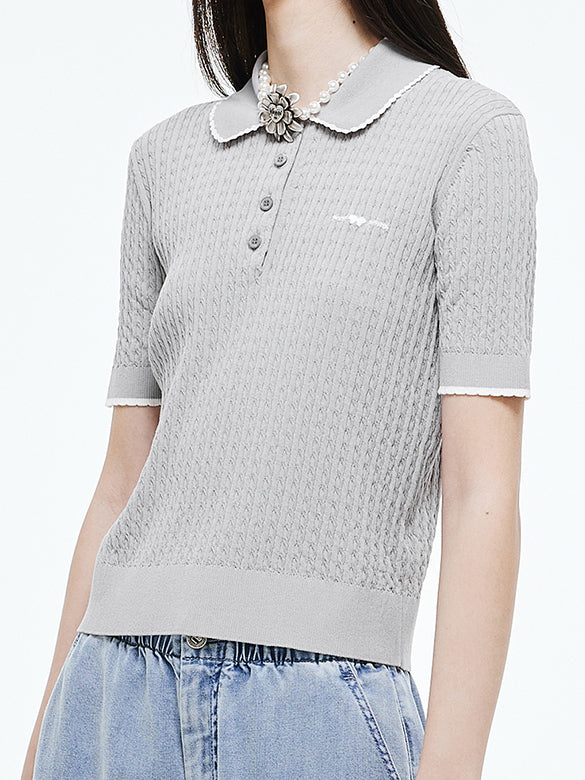 Frill Piping Polo Knit Top