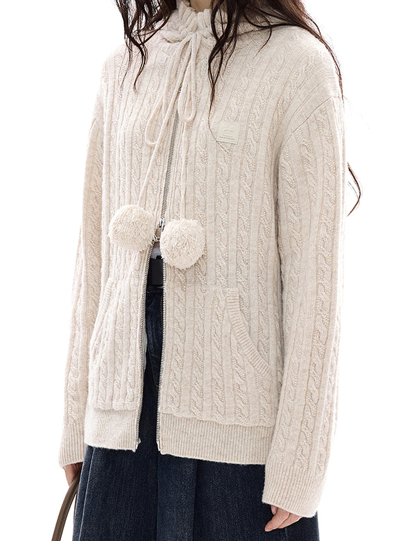 Pompon Design Knitting Zipper Hoodie
