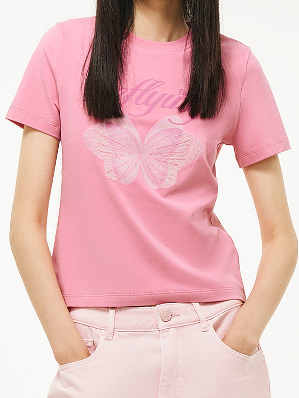 Butterfly Printed & Beads Compact T-shirt