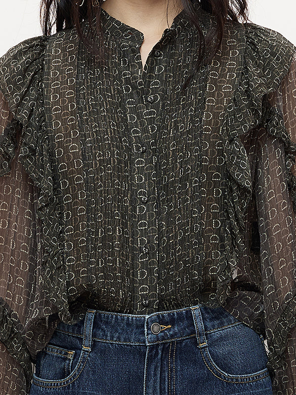 Monogram Pattern Frill Blouse
