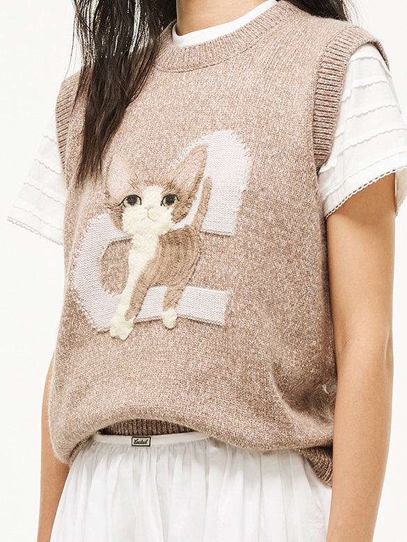 Cat Embroidery Sleeveless Knit