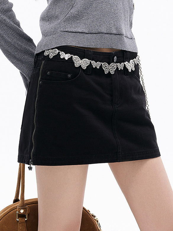 Side Zipper Denim Skirt-Pants