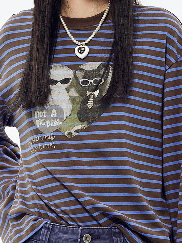 Cat Printed Stripe Long Sleeves T-shirt
