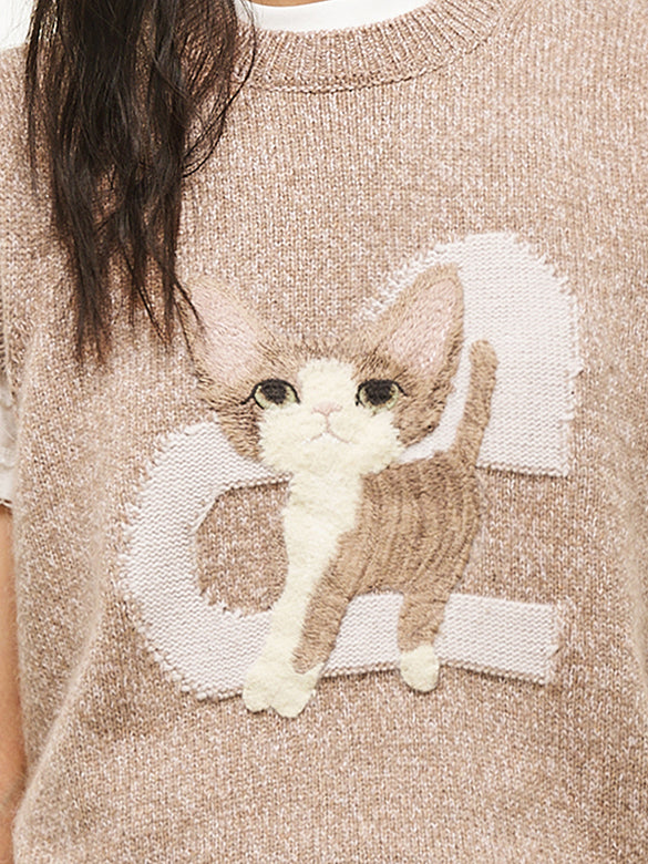 Cat Embroidery Sleeveless Knit