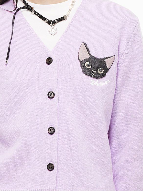 Cat Embroidery Knit Cardigan