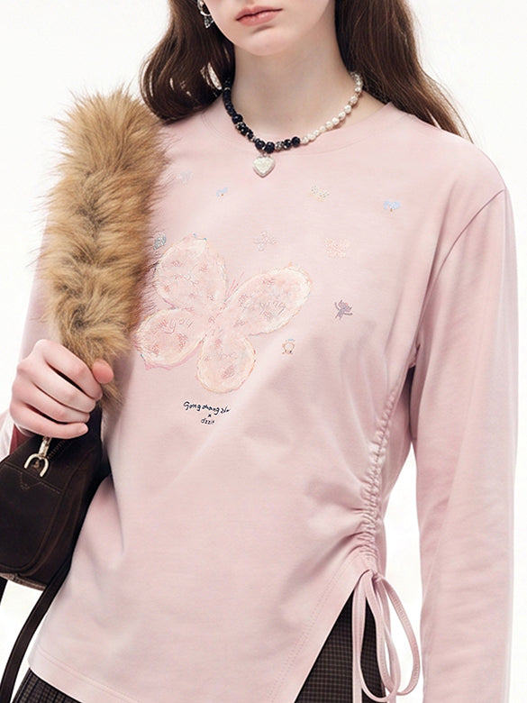 Butterfly Design Draw-code Long Sleeves T-shirt
