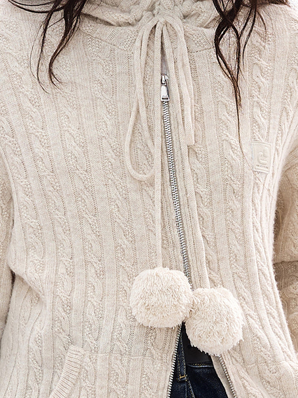 Pompon Design Knitting Zipper Hoodie