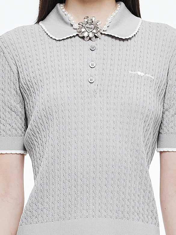 Frill Piping Polo Knit Top