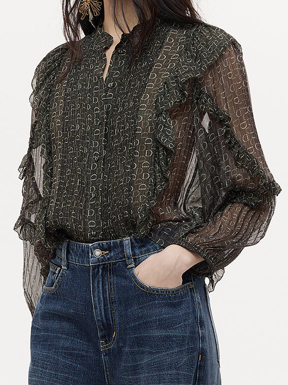 Monogram Pattern Frill Blouse